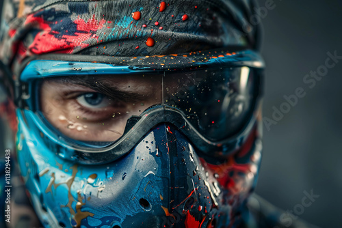 Dynamic paintball player in action with vibrant splashes of color - Generative AI artwork photo