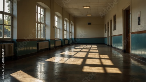 Empty school corridor with checkered floor and sunlight shining through windows