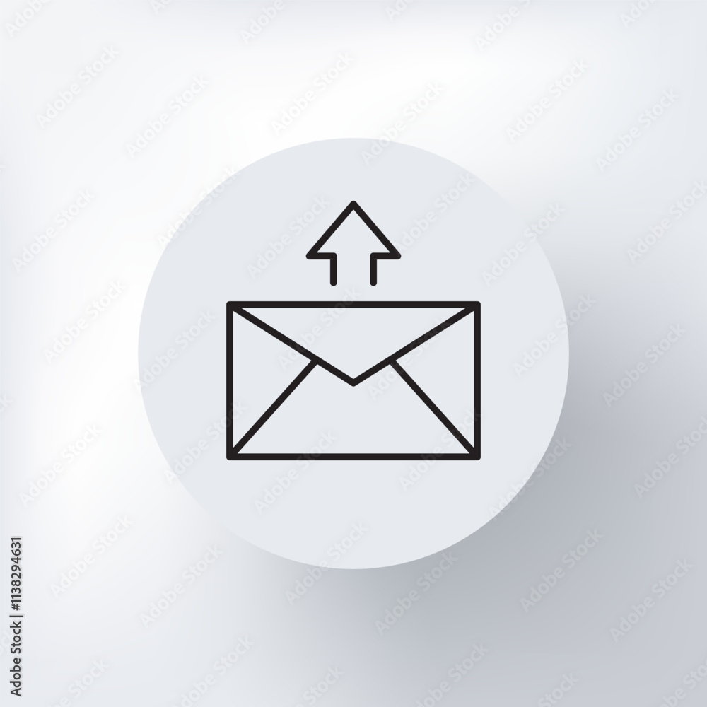Minimalistic envelope icon with an arrow in a circle on a light gray background. Minimalistic envelope icon with an arrow in a circle on a light gray background.