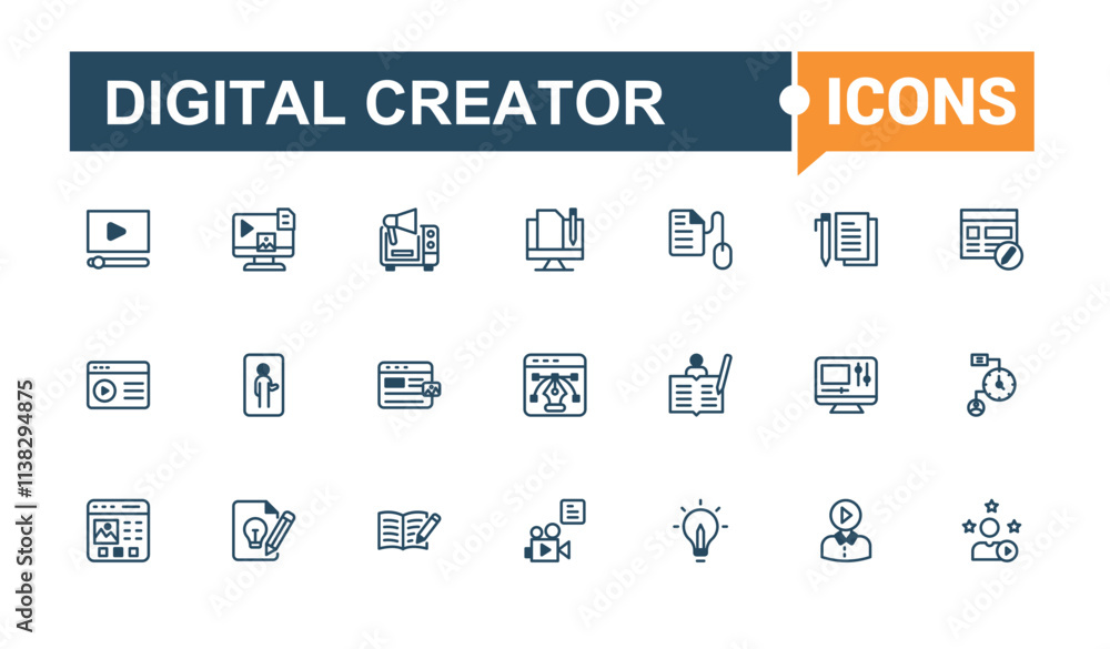 Set of Digital Creator line icons. Contains related to tech, concept, Content Creator, video, story, stream and more. Perfect for logos and infographics. Solid line editable stroke. Set of Digital Creator line icons. Contains related to tech, concept, Content Creator, video, story, stream and more. Perfect for logos and infographics. Solid line editable stroke.