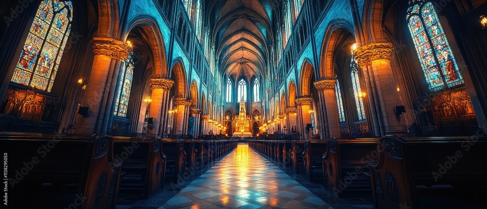 Majestic cathedral interior, stained glass windows, arched ceilings, and rows of pews. Majestic cathedral interior, stained glass windows, arched ceilings, and rows of pews.
