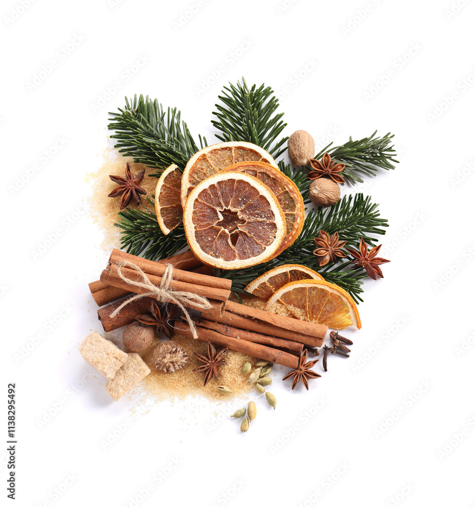 Different aromatic spices isolated on white, top view. Christmas season Different aromatic spices isolated on white, top view. Christmas season