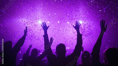 a crowd of people standing under a purple light