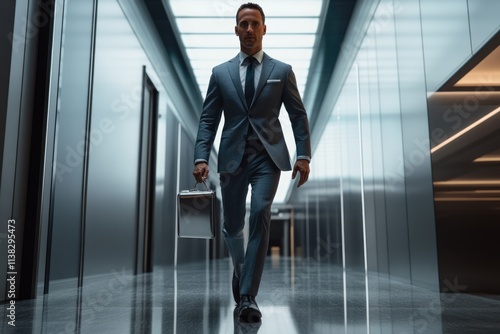 Confident businessman in suit walks down modern office corridor carrying briefcase.