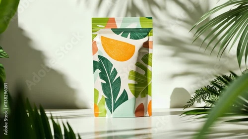 A vibrant recycled plastic stand-up pouch mockup, with a picture