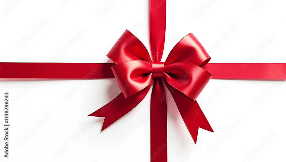 A vibrant crimson satin bow with a glossy texture tied in a perfect symmetrical loop, placed on a pristine white background A vibrant crimson satin bow with a glossy texture tied in a perfect symmetrical loop, placed on a pristine white background
