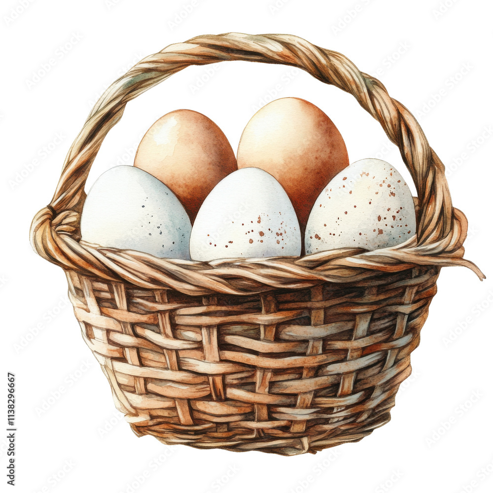 A beautiful basket filled with various eggs including brown and speckled eggs, perfect for cooking or decorative purposes. A beautiful basket filled with various eggs including brown and speckled eggs, perfect for cooking or decorative purposes.