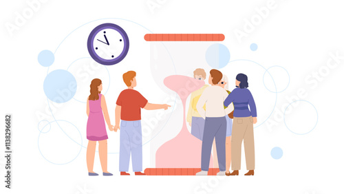 Young people watch time go by. Sand clock and teenagers or adults, couples looking on time. Cartoon concept of growing up, growth or procrastination, vector scene