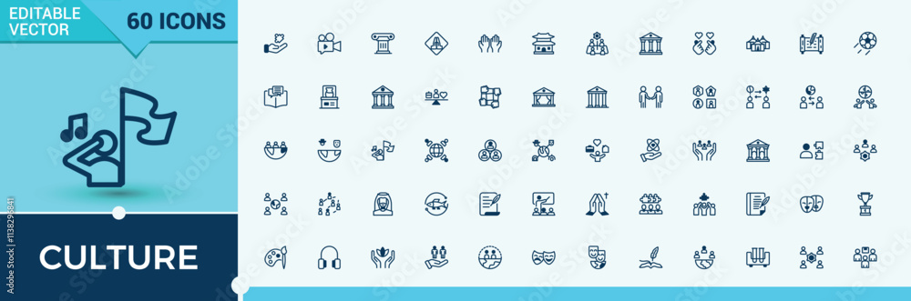 Fototapeta premium Set of Culture line icons. Containing hot, film, movie, art, museum and more. Icons for UI. Solid line editable stroke.