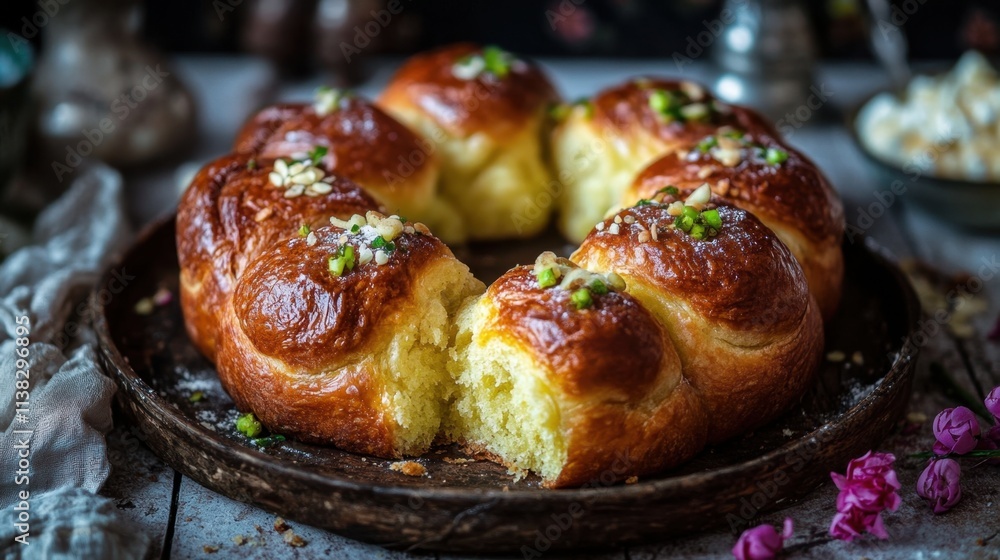 Warm, crispy Pakistani sweet bread on rustic platter, fluffy interior inviting a perfect bite Warm, crispy Pakistani sweet bread on rustic platter, fluffy interior inviting a perfect bite