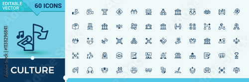 Set of Culture line icons. Containing hot, film, movie, art, museum and more. Icons for UI. Solid line editable stroke.