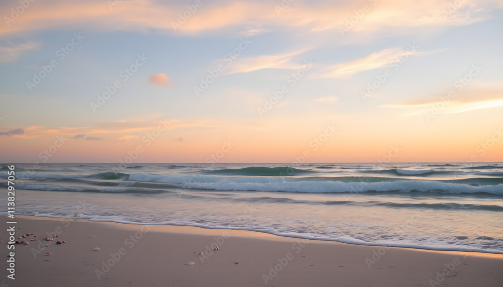 Soft Glow of Sunrise Illuminating a Tranquil Shoreline Soft Glow of Sunrise Illuminating a Tranquil Shoreline