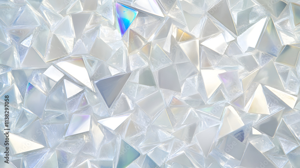 Close-up of iridescent triangular glass pieces creating a shimmering, abstract pattern. The subtle color variations and reflective surfaces offer a captivating texture. Close-up of iridescent triangular glass pieces creating a shimmering, abstract pattern. The subtle color variations and reflective surfaces offer a captivating texture.
