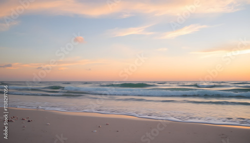 Soft Glow of Sunrise Illuminating a Tranquil Shoreline