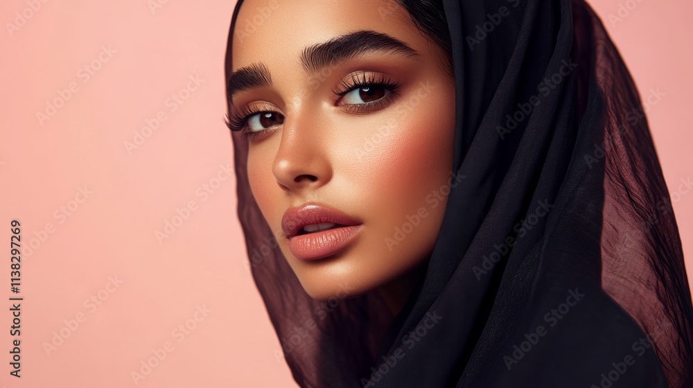 Portrait of beautiful modern muslim woman with natural make-up dressed in hijab posing on soft color background in studio. Facial skin care, female beauty Portrait of beautiful modern muslim woman with natural make-up dressed in hijab posing on soft color background in studio. Facial skin care, female beauty