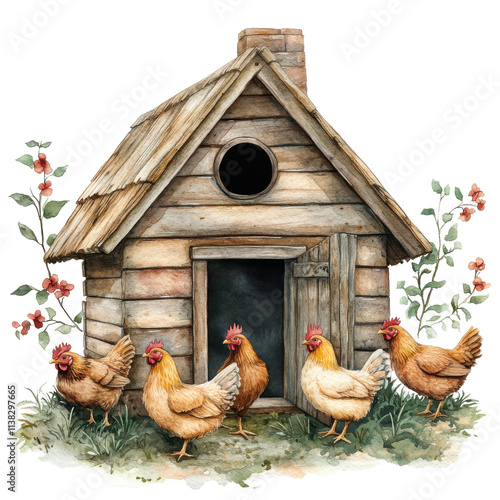 A charming wooden chicken coop surrounded by colorful flowers and six hens, showcasing a peaceful rural scene. photo