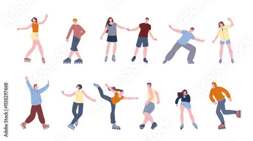 Roller skaters. Retro sporty men women on roller skate, hobby or workout. Enjoying active characters, young people free time, kicky vector set
