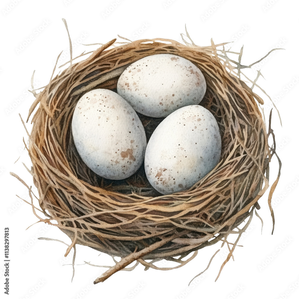 A close-up view of three eggs nestled in a natural straw nest on a white isolated background. A close-up view of three eggs nestled in a natural straw nest on a white isolated background.