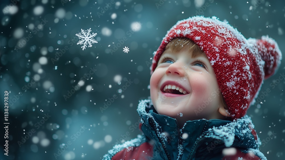 A little boy with a huge smile on his face as he discovers the first snowflake of the season, his breath visible in the crisp winter air. A little boy with a huge smile on his face as he discovers the first snowflake of the season, his breath visible in the crisp winter air.