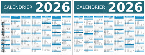 Calendrier 2026 14 mois au format 320 x 420 mm recto verso entièrement modifiable via calques et texte sans serif	