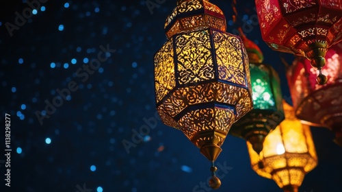 A cultural Eid al-Fitr celebration with colorful lanterns and festive decorations against a starry night sky, close-up shot, Traditional style photo