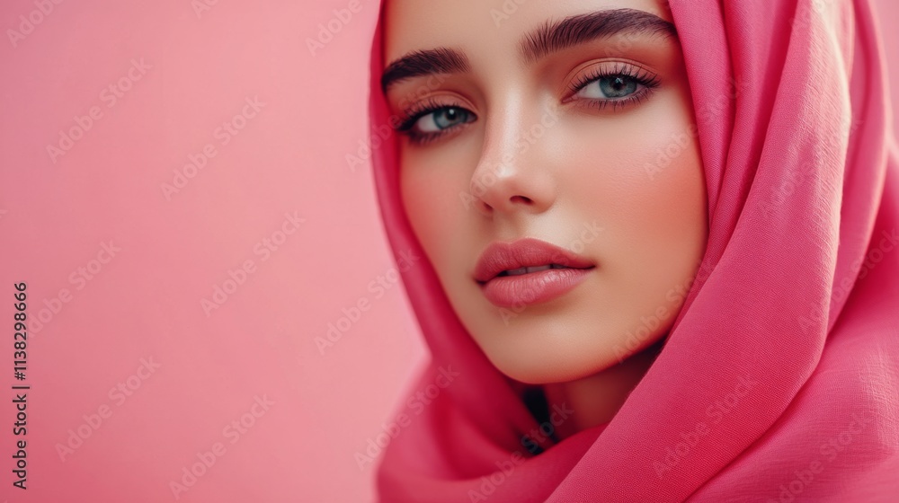Portrait of beautiful modern muslim woman with natural make-up dressed in hijab posing on soft color background in studio. Facial skin care, female beauty Portrait of beautiful modern muslim woman with natural make-up dressed in hijab posing on soft color background in studio. Facial skin care, female beauty