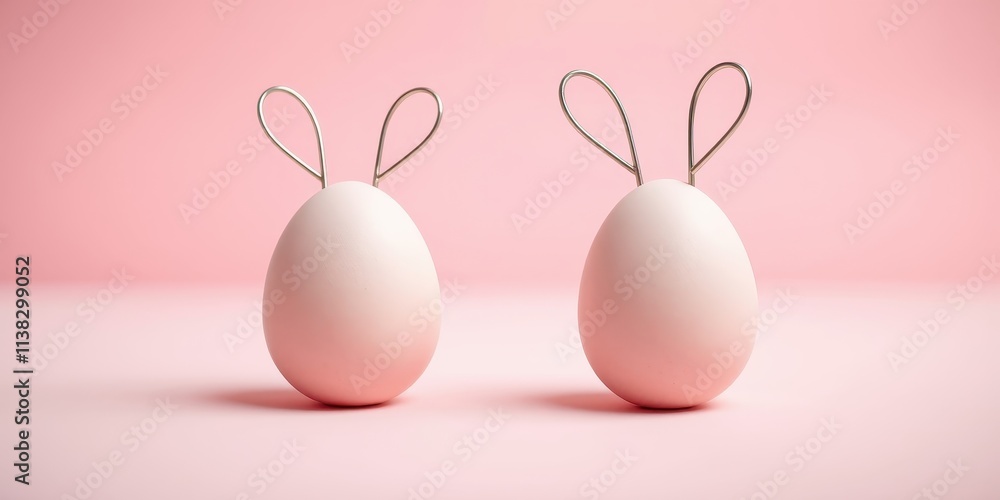 Two Easter Eggs With Bunny Ears On Pink Background Two Easter Eggs With Bunny Ears On Pink Background