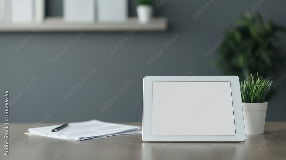 Fototapeta premium Digital Financial Report on Tablet Desk with Paperwork and Office Elements