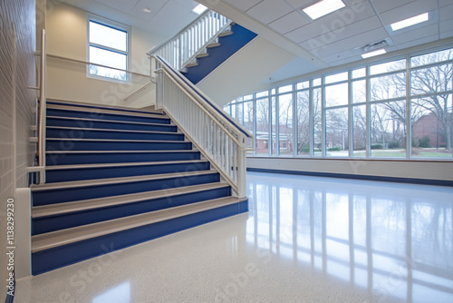 Empty school staircase with blue steps and white railing by large windows.