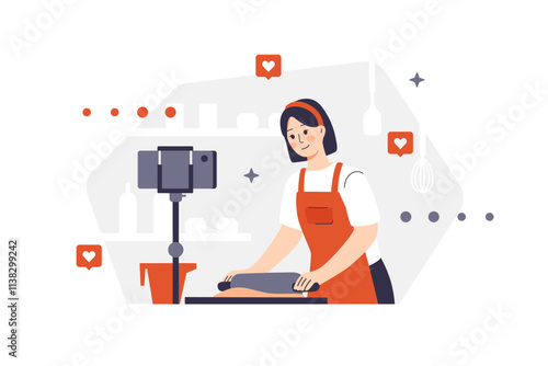 A female character in an apron rolls out dough in the kitchen. A girl with a headband films the process of preparing bakery products for subscribers on a camera mounted on a tripod. Social media icons