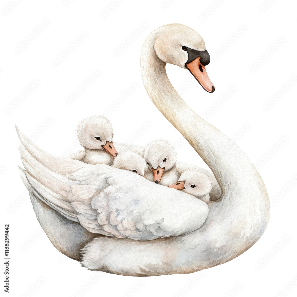 Obraz premium A graceful swan with fluffy cygnets nestled closely, showcasing warm family bonds in nature.