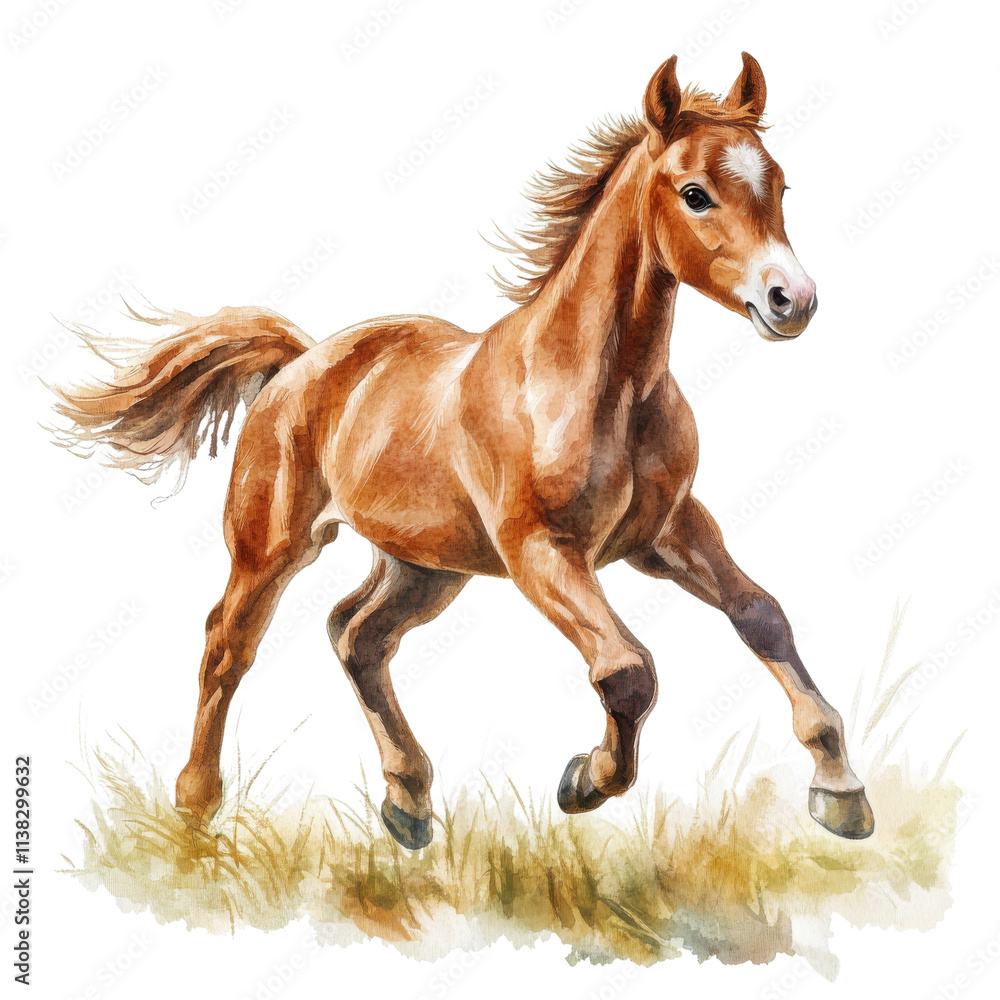 A lively brown horse galloping through a grassy field, showcasing its elegance and strength in motion against a white isolated background. A lively brown horse galloping through a grassy field, showcasing its elegance and strength in motion against a white isolated background.