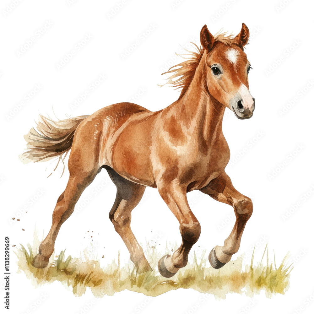 A lively chestnut foal running through a grassy field, showcasing its playful spirit and strength against a vibrant natural background. A lively chestnut foal running through a grassy field, showcasing its playful spirit and strength against a vibrant natural background.