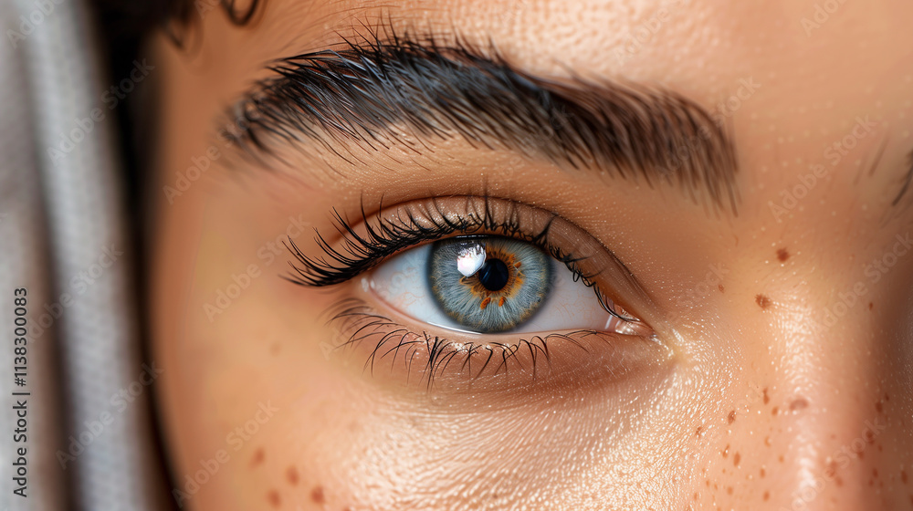 Obraz premium Close-up gray eye Indian woman, beauty salon treatment, 2d volume, classical lashes, brows lamination