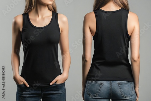 A woman wears a plain black tank top, front and back, for a t-shirt design mock up