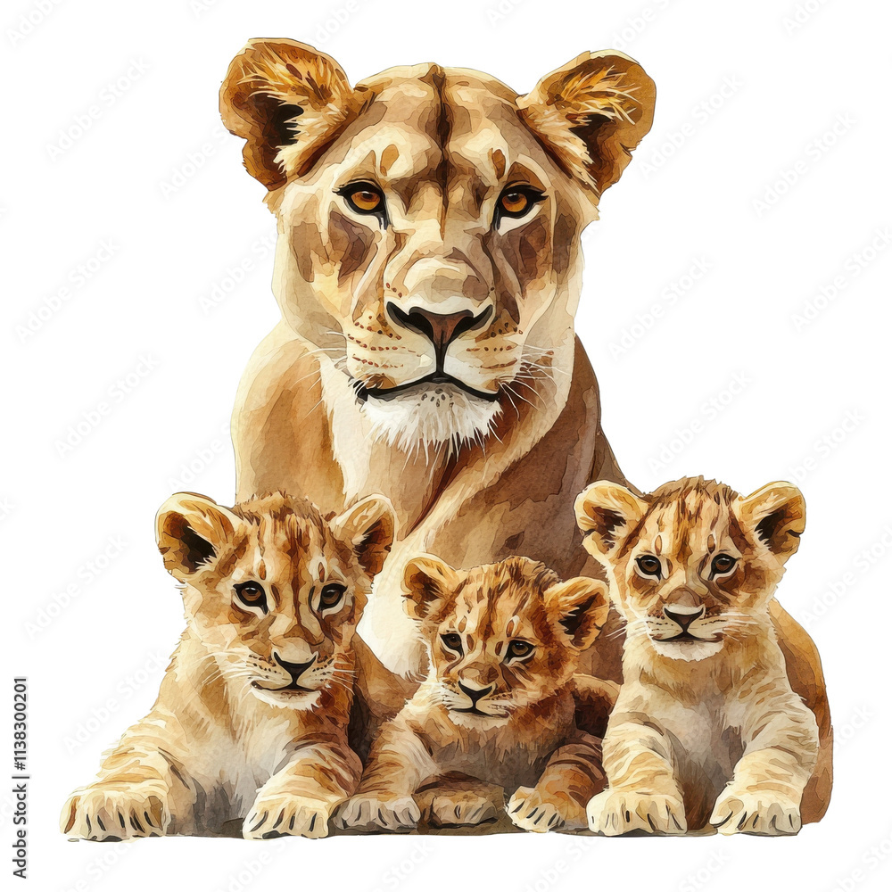 A proud lioness with her three adorable cubs, captured in a beautiful watercolor style on a white isolated background. A proud lioness with her three adorable cubs, captured in a beautiful watercolor style on a white isolated background.