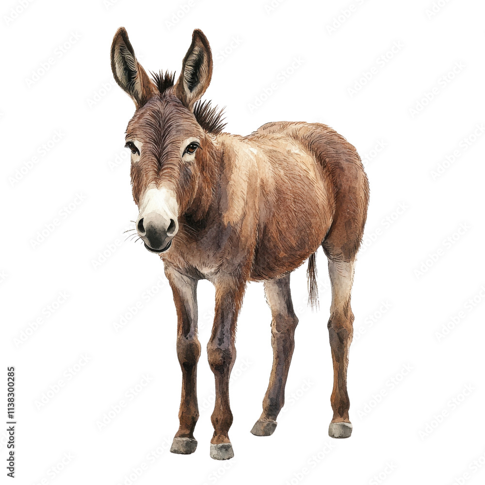 A realistic illustration of a standing donkey, showcasing its detailed features against a white isolated background. A realistic illustration of a standing donkey, showcasing its detailed features against a white isolated background.