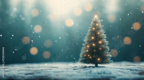 Snowy table adorned with a decorated Christmas tree illuminated by soft bokeh lights during the festive season