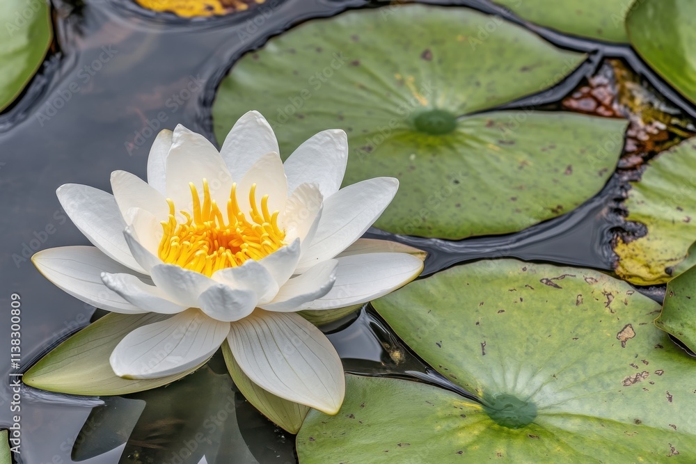 Serene White Water Lily Blooming on Calm Water Surface Surrounded by Green Leaves, Capturing Tranquility and Natural Beauty in a Reflective Pond Scene Serene White Water Lily Blooming on Calm Water Surface Surrounded by Green Leaves, Capturing Tranquility and Natural Beauty in a Reflective Pond Scene