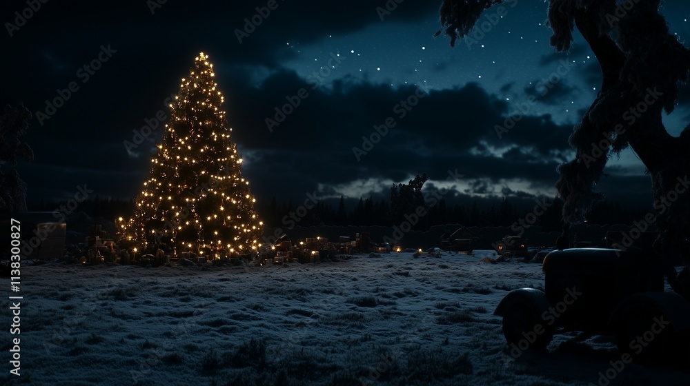 Obraz premium A large Christmas tree glows brightly in the snowy night, casting a warm light against the dark sky.