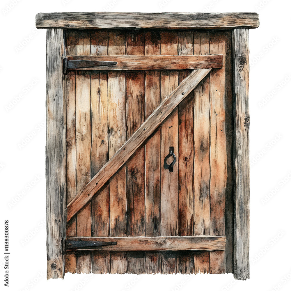 A rustic wooden door with a weathered appearance, featuring a diagonal brace and a traditional latch, isolated on a white background. A rustic wooden door with a weathered appearance, featuring a diagonal brace and a traditional latch, isolated on a white background.