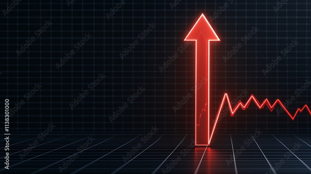Fototapeta premium Red arrow pointing up with fluctuating line graph on a dark background, symbolizing growth. signifying progress and success.
