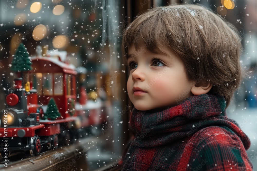 Curious caucasian child gazing at toy train in festive winter wonderland Curious caucasian child gazing at toy train in festive winter wonderland