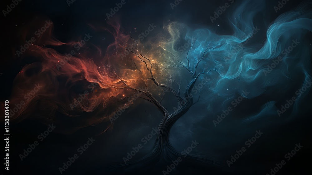 A magical tree with vibrant flames of red and blue swirling around, creating an enchanting atmosphere in a dark setting. A magical tree with vibrant flames of red and blue swirling around, creating an enchanting atmosphere in a dark setting.