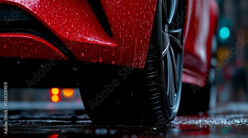 Red Car in the Rain:Close-up of a red car's rear tire and bumper on a rainy city street at night. The image emphasizes the texture of the wet asphalt, the gleaming car paint. photo