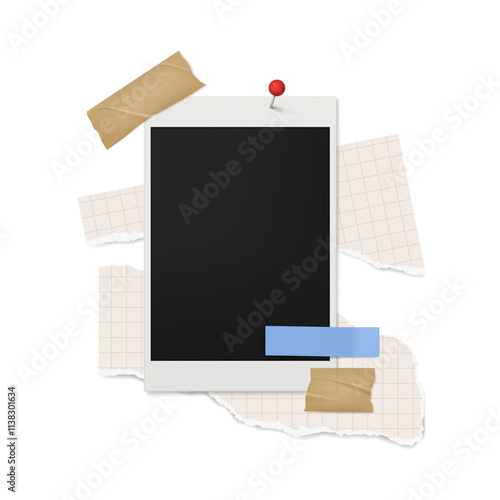 Empty realistic film snapshot picture, scotch and polaroid, metal clip fastener and sticks. Vector isolated notes for photographer modern frame. Collage of trendy elements paper and adhesive tape
