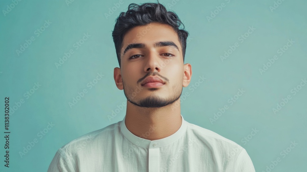 Obraz premium Portrait of handsome modern muslim man with natural make-up posing on soft color background in studio. Facial skin care