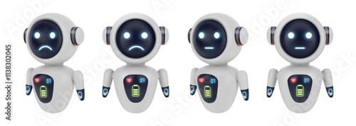 Upset or displeased robot personage with sad emotion on display. Vector isolated set of realistic robots characters. Cute minimalist toy with emotional response and mean of communication