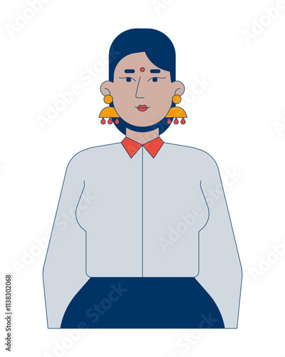 Business casual hindu woman confident hands in pockets 2D cartoon character. Indian adult female shirt businesslike isolated person flat vector on white background. Spot illustration colorful