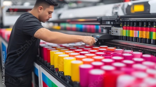 Printing House Technician Setting Up Digital Printer for Customized Print Jobs photo